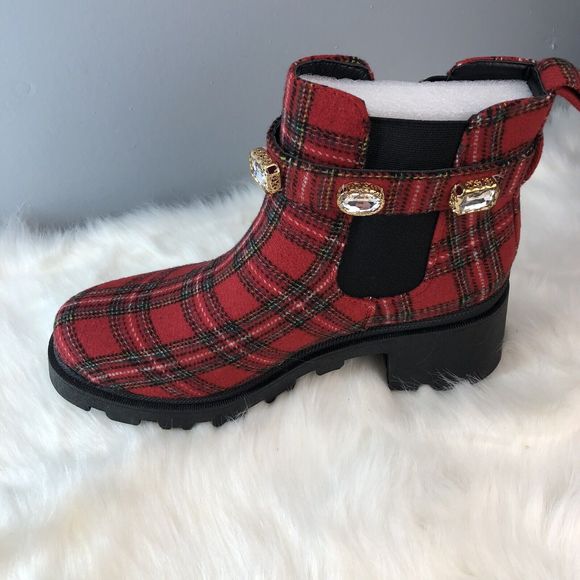 SUGAR-Favorite Red Black Plaid Rhinestone Chunky Heel Chelsea Ankle Boot - Picture 15 of 16